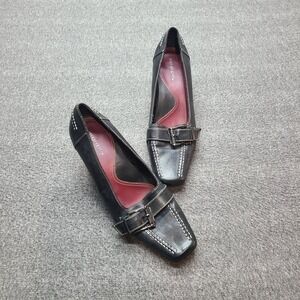 Maripé Women's Black‎ Leather Square Toe Block Heel Pumps Shoes Size 10M